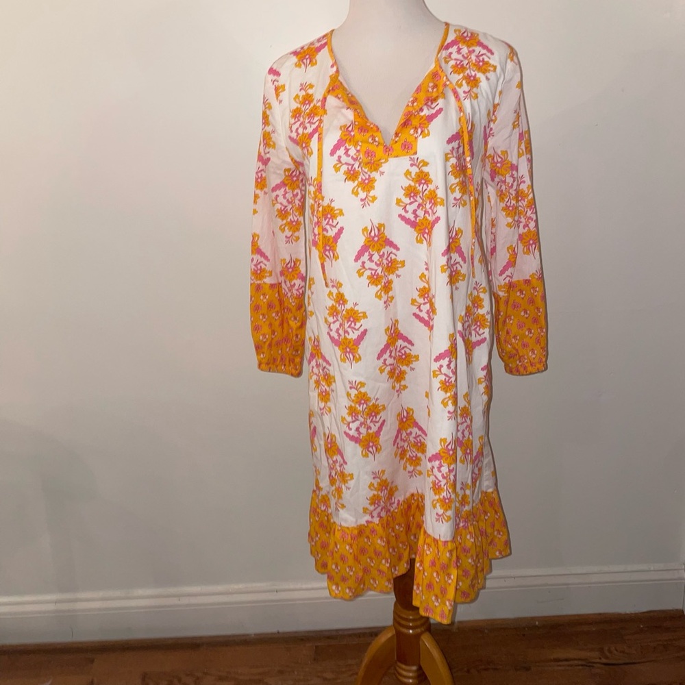J Crew Long Sleeve Block Print Boho Shirt Midi Dress XX-Small white pink orange